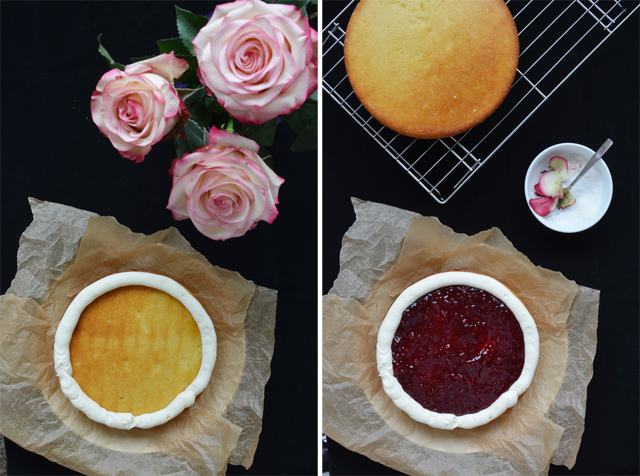 collage image: on the left, a top view of a cake layer with a buttercream ring piped on top. on the right, the same cake layer now reveals a jam filling inside the ring of buttercream