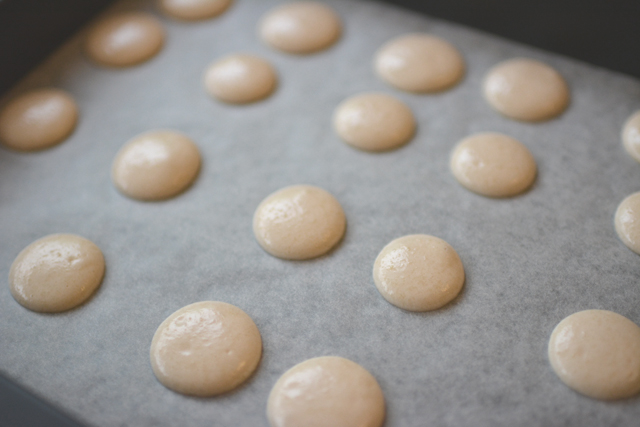 close-up image of a dry macaron mixture arranged neatly within a template on a baking tray
