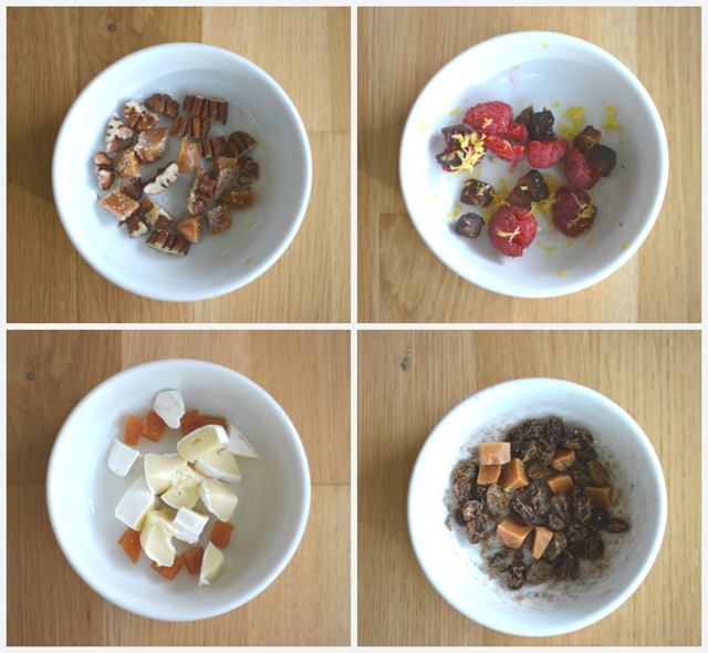 collage of four images: 1) a bowl of pecans, 2) a bowl of dates, 3) a bowl of raspberries, and 4) a bowl of raisins, almonds, and apricots