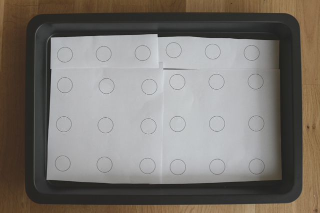 top down image of a baking tray with a template 