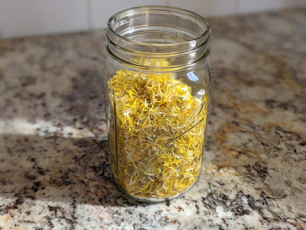 A mason jar filled with dandelion flowers on a granite countertop.