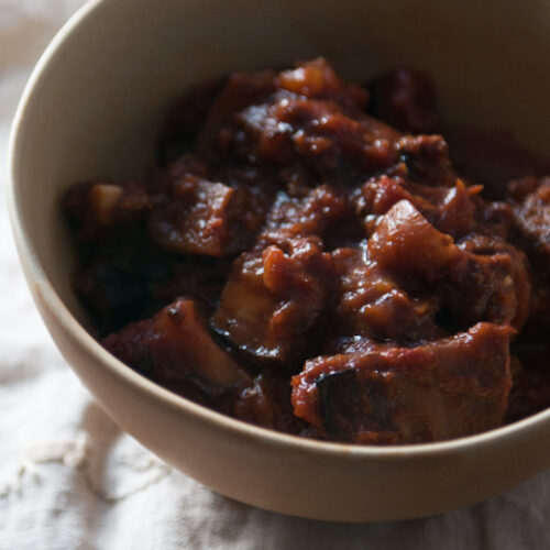 Beef with Pomegranate Molasses from An Edible Mosaic Cookbook