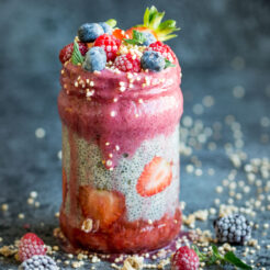 Berry Layered Chia Pudding. Chia seeds transform into a delicious pudding-like texture when soaked in liquid. Take this superfood to the next level by layering it with delicious berry smoothie! Click through to get the recipe!