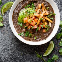 A thick, textured black bean soup that's slowly simmered to be PACKED full of flavour!