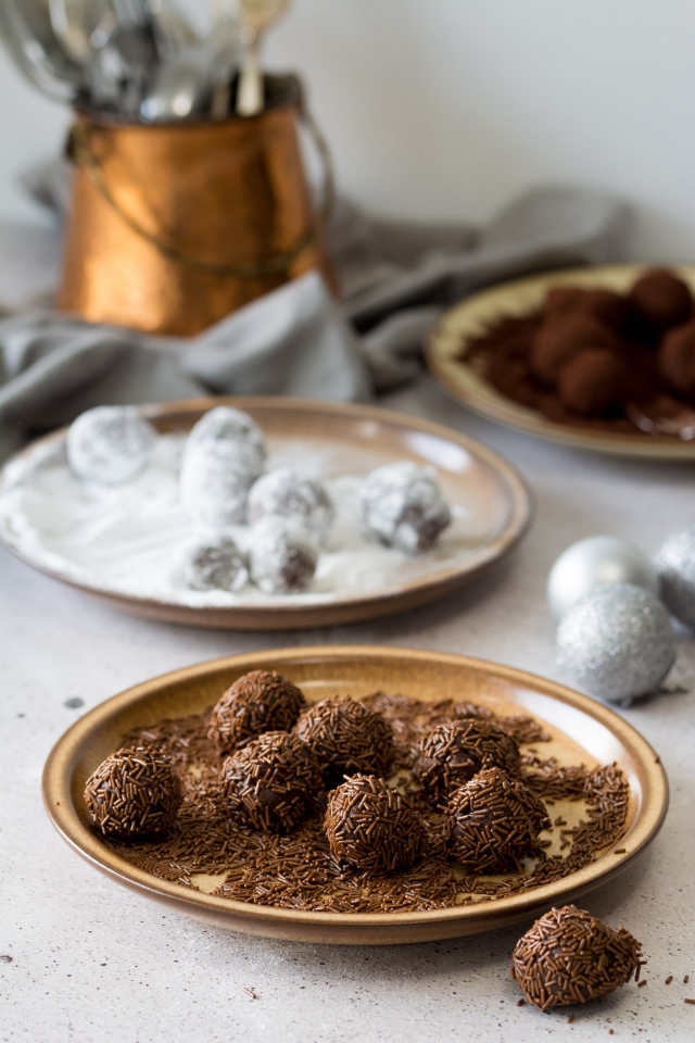 Three batches of truffles with different toppings