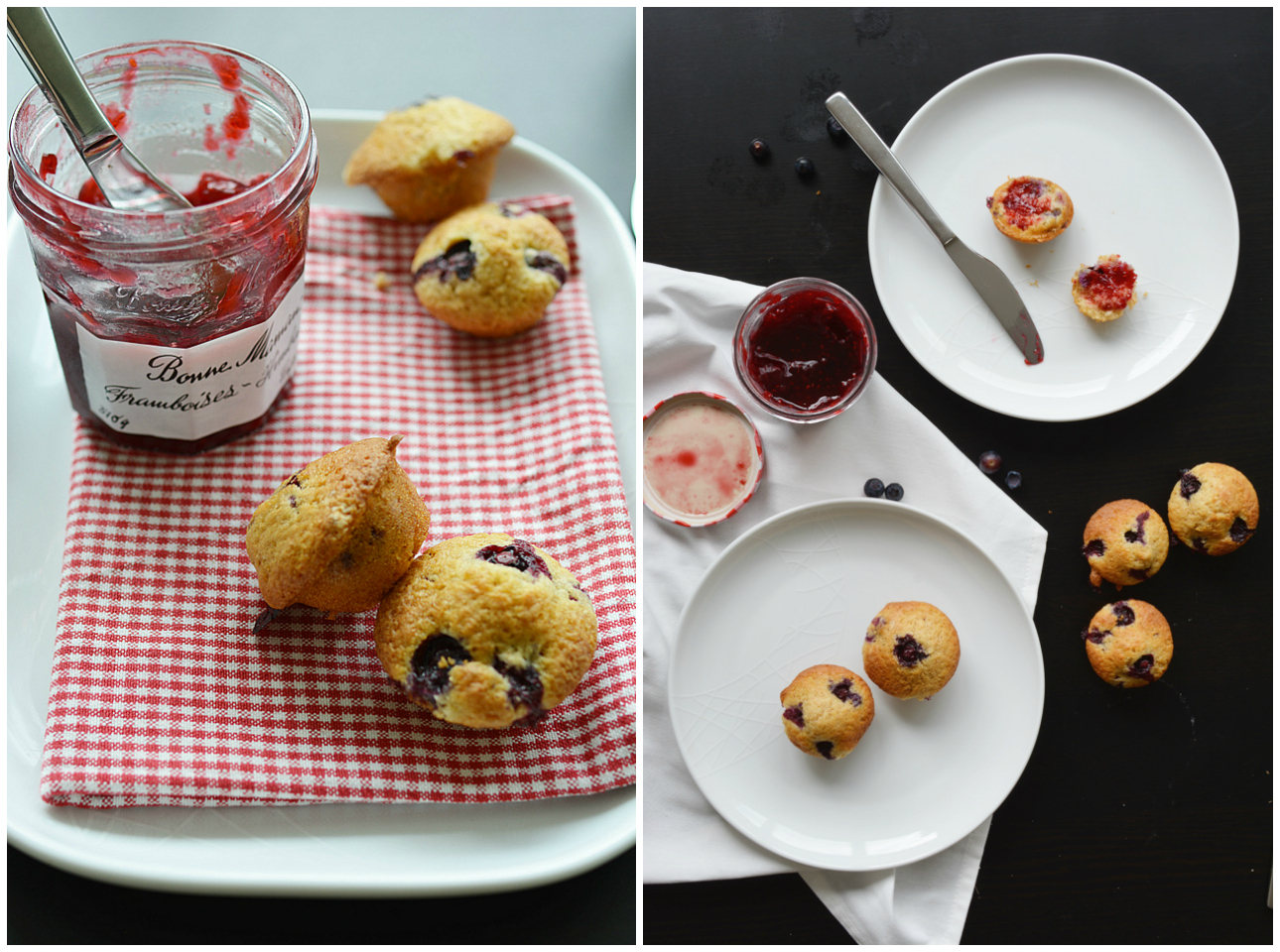 a collage of two images. the first image is a close-up photograph of a plate showcasing four freshly baked mini muffins with brown butter and blueberries. it is accompanied by a jar of jam. the second image provides a top-down view of a plate with mini muffins and a jar of jam
