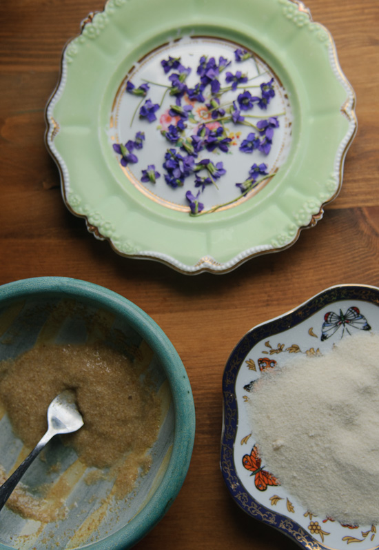 violet flowers on a plate.