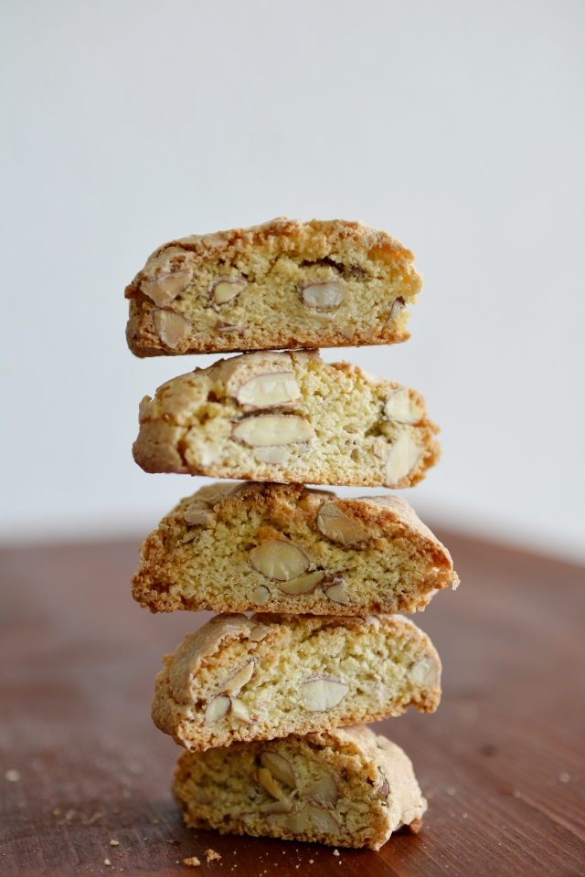 close-up view of a stack of five biscotti slices