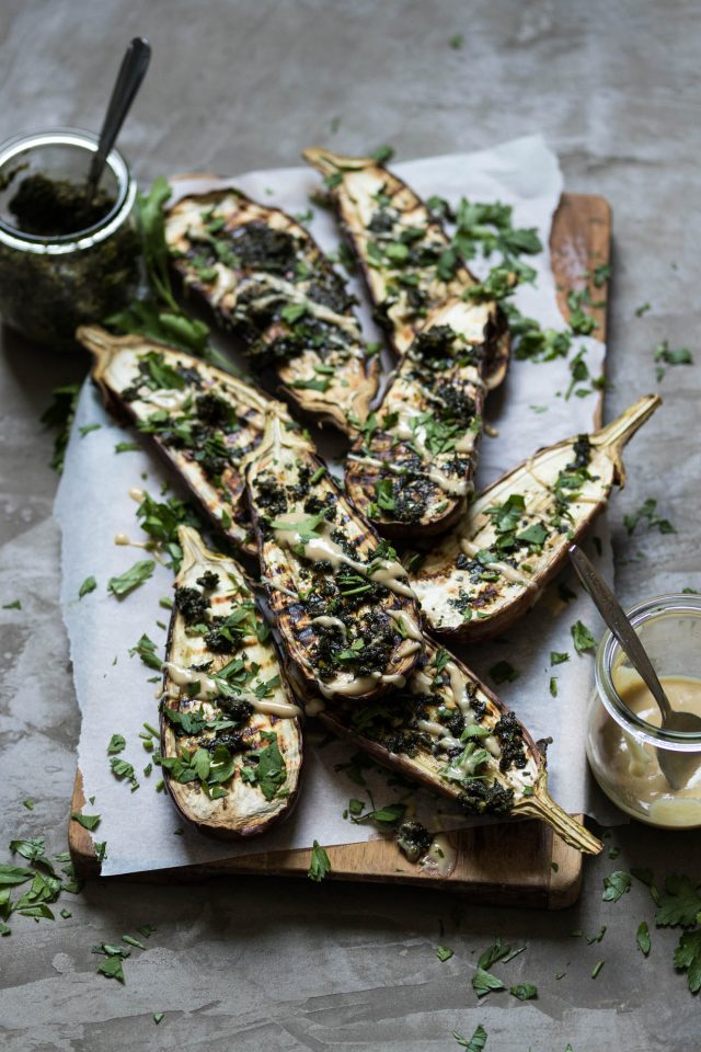 Chargrilled Eggplant with Carrot Top Pesto and Tahini