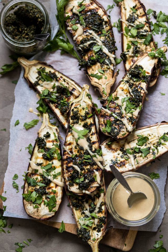 Chargrilled Eggplant with Carrot Top Pesto and Tahini