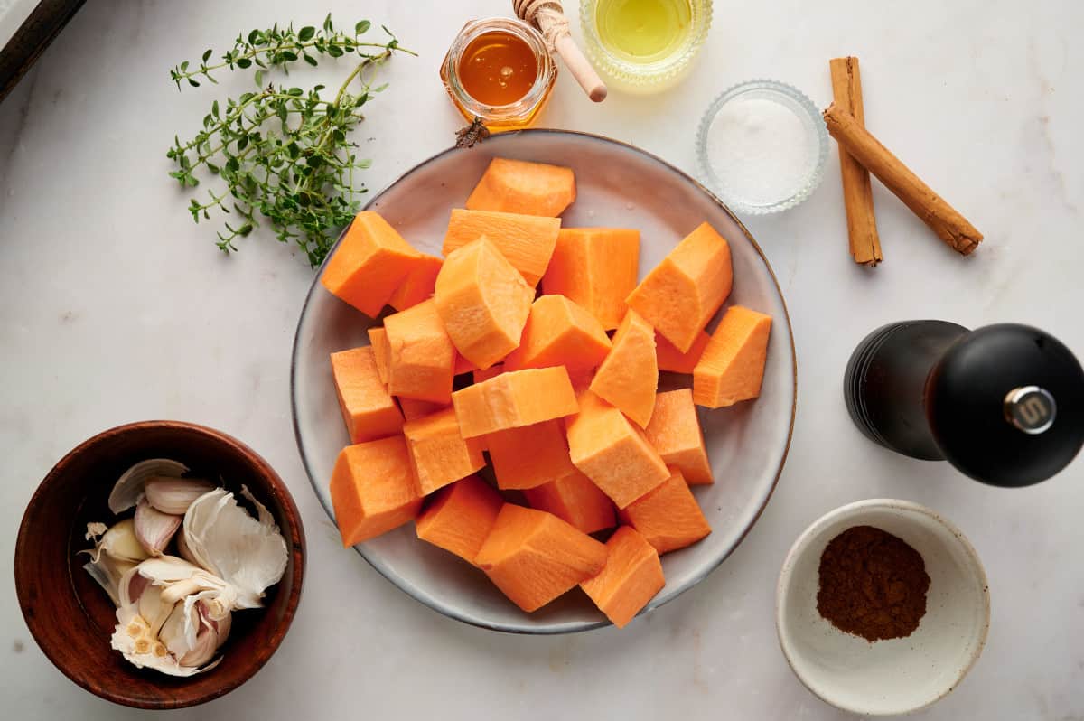 Top view of ingredients for Cinnamon Roasted Sweet Potatoes.