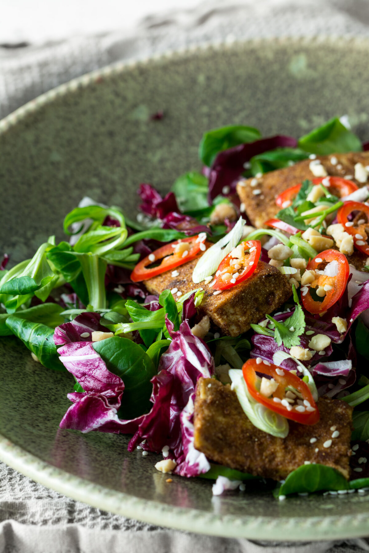 close up image of a dry-rubbed tofu salad, mixed greens, tomatoes, cucumbers, and carrots. drizzled with vinaigrette, crushed peanuts
