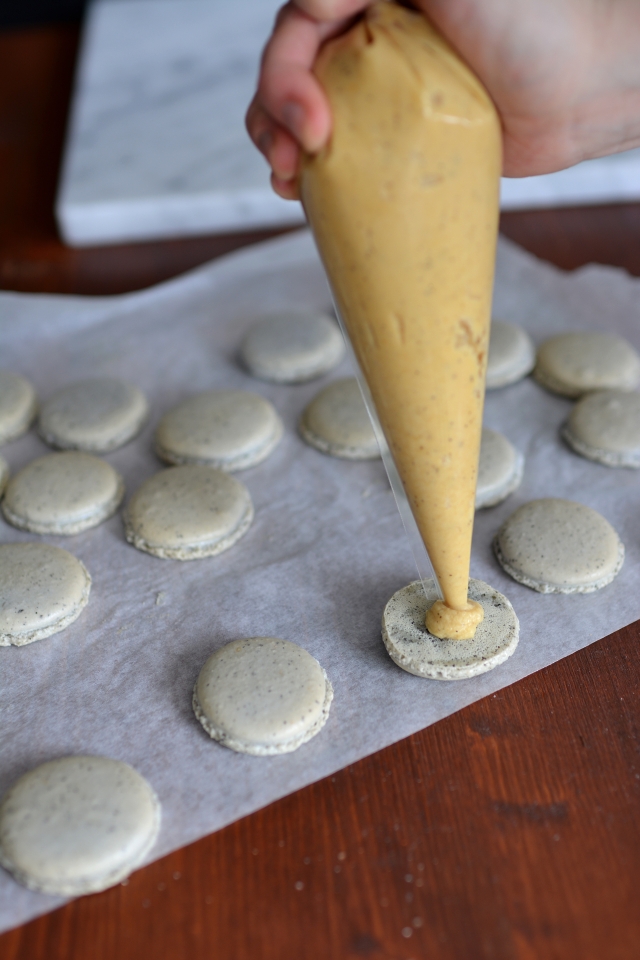 an image of a hand delicately filling macaron shells with ganache using a piping bag