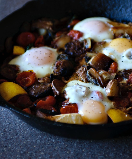 slow cooked sausage and tomatoes