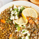 Greek Lentil Soup with lemon and feta.