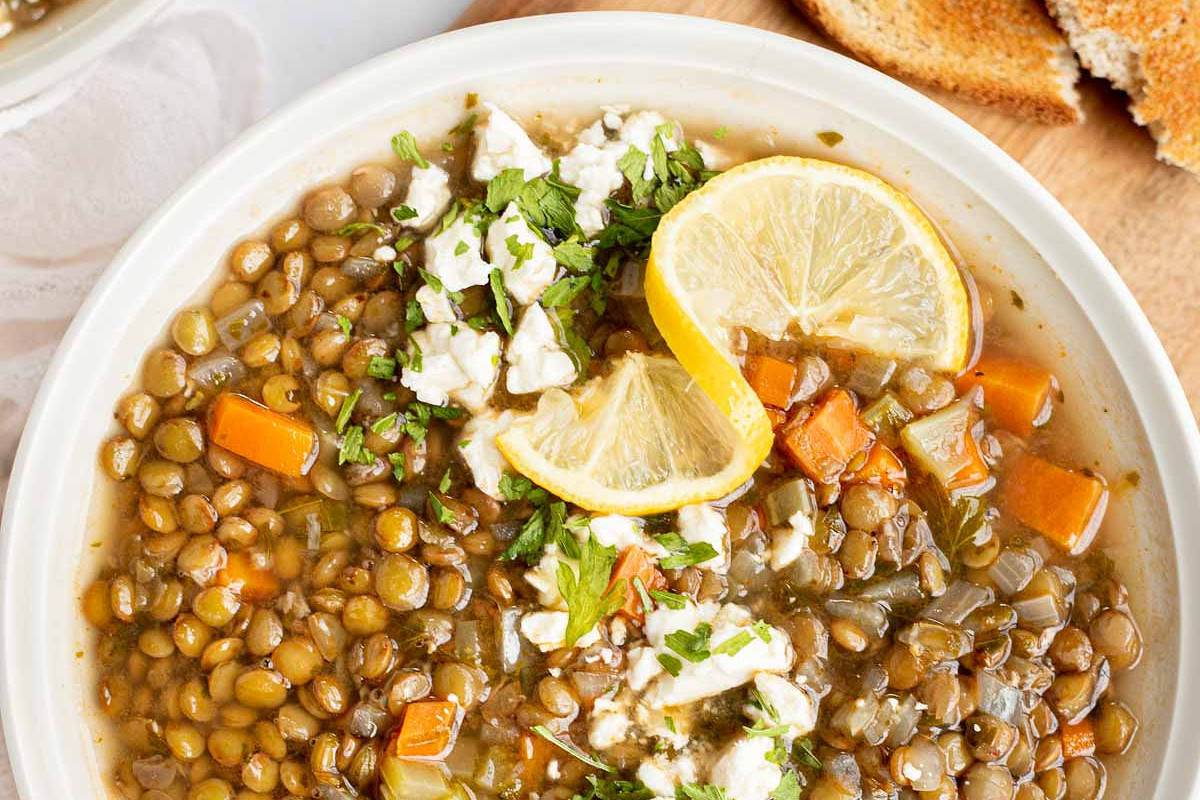 Greek Lentil Soup with lemon and feta.