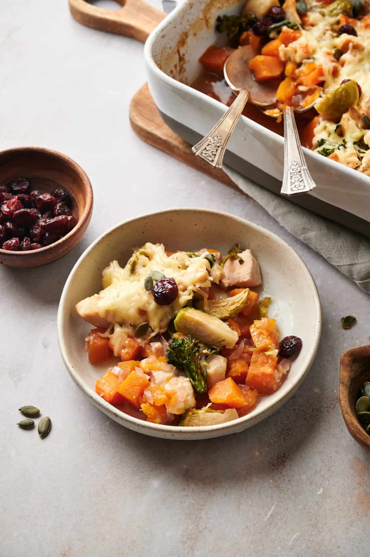 Harvest Chicken Casserole served in a small white dish.