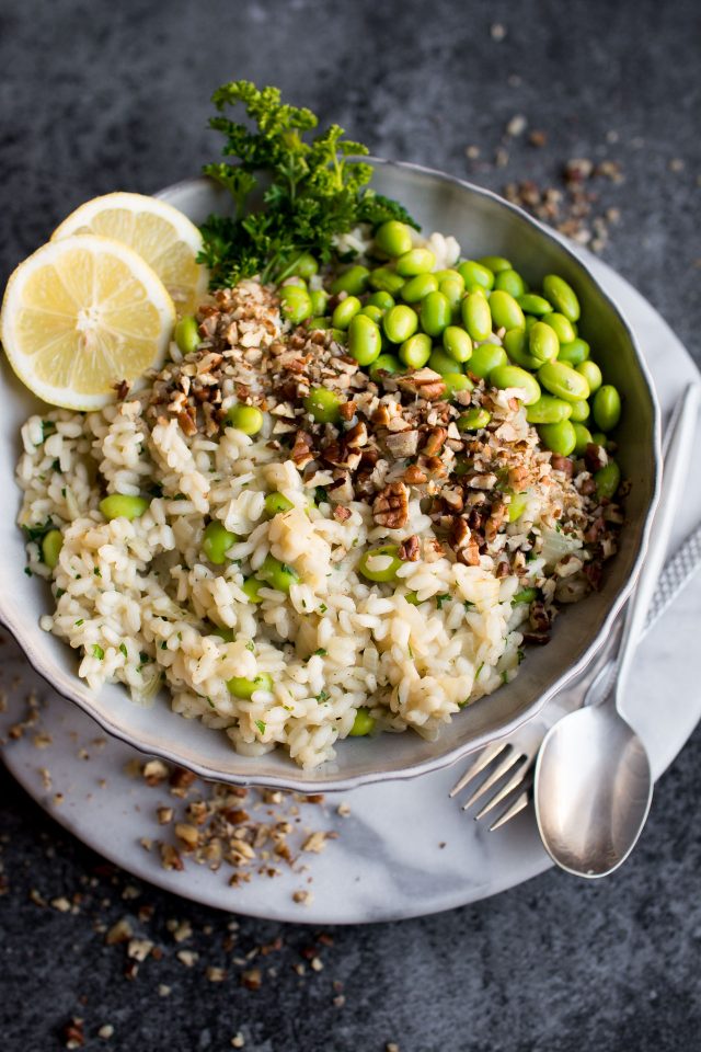 Lemon and Edamame Bean Risotto with Pecan Nuts, a fun twist on a classic dinner!