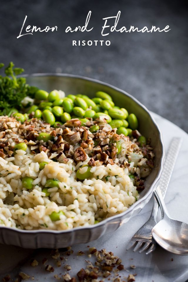 Lemon and Edamame Bean Risotto with Pecan Nuts, a fun twist on a classic dinner!