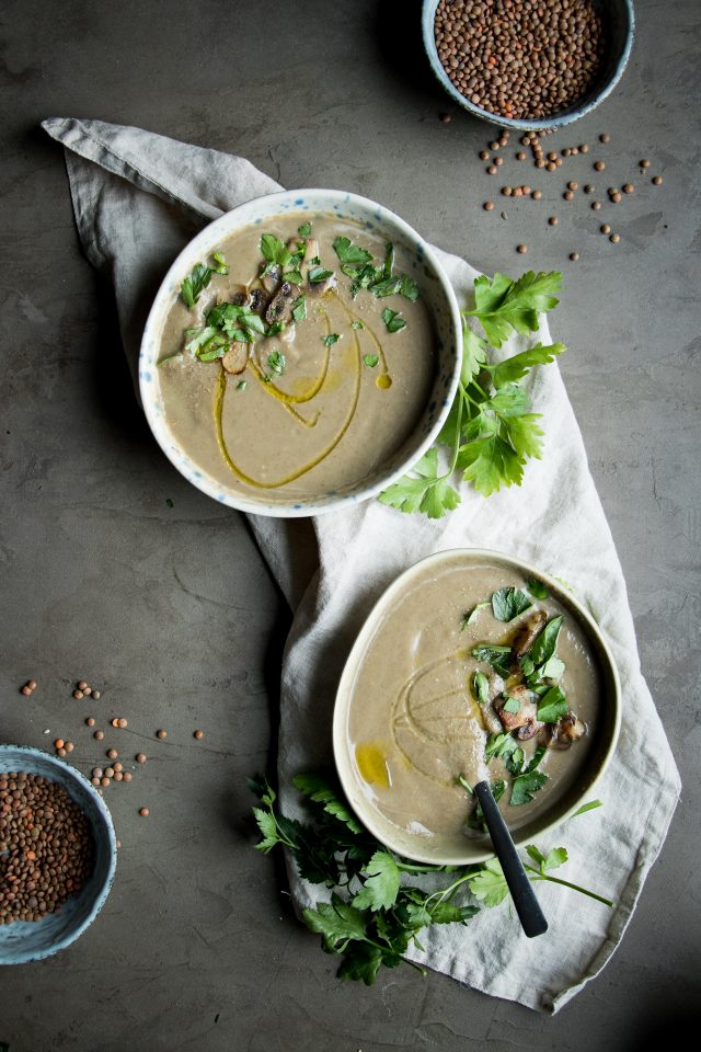 A rich, vegan lentil mushroom soup with miso paste. A really delicious, hearty lunch that's packed with beautiful flavours!