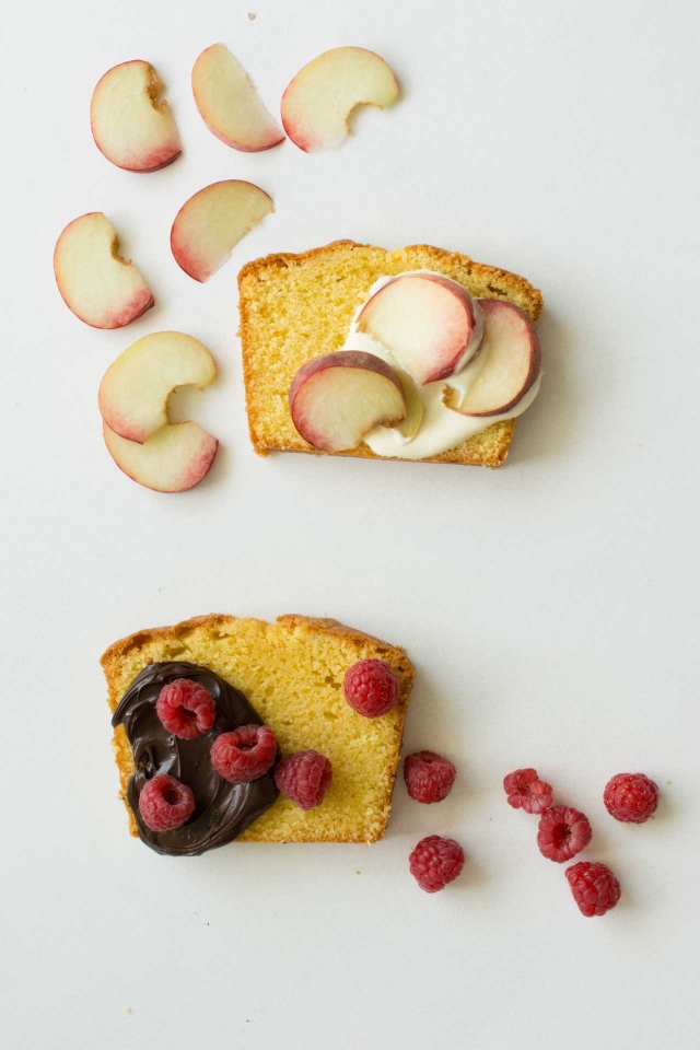 pound cake with dark chocolate, raspberries and apple toppings