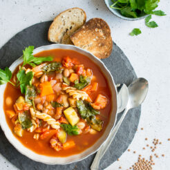 A warming, winter vegetable minestrone soup. Stuffed full of vegetables and pasta and beans