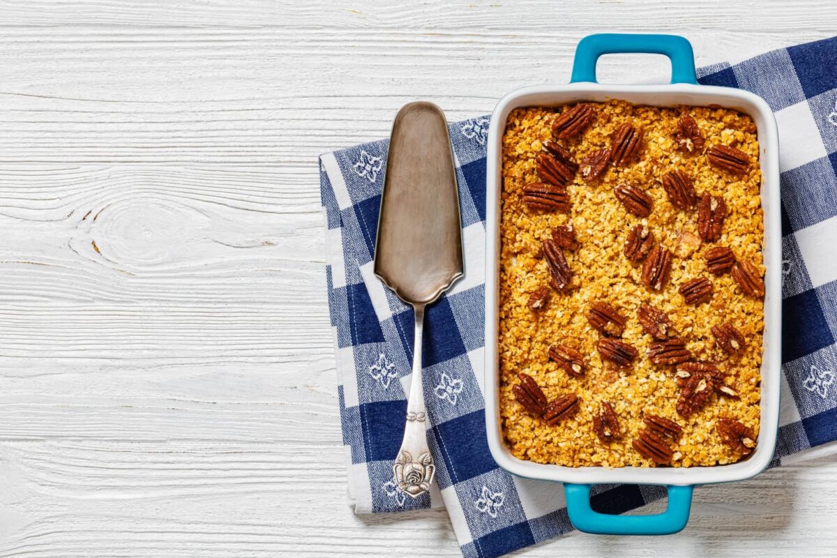 Oat and pecan streusel topping on a casserole.