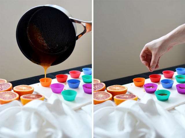 collage of two images: on the left, a pan pours salted blood orange toffee mixture into a mold. on the right image, a hand adds a topping to the mixture in the mold
