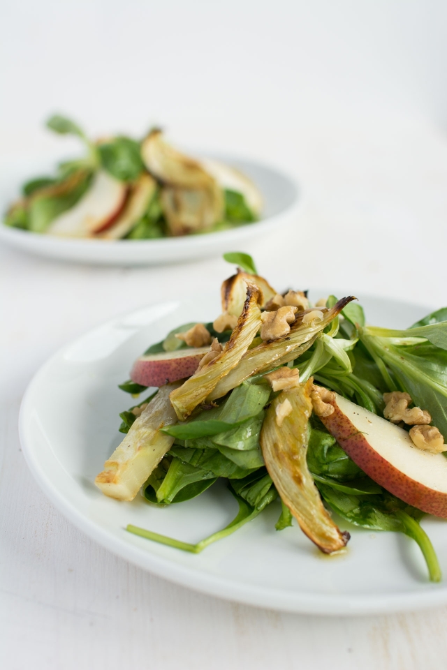 close-up image of a plate featuring a vibrant roasted fennel and pear salad, showcasing the delightful mix of golden brown fennel slices and juicy pear wedges, accented with colorful greens and drizzled with a flavorful dressing
