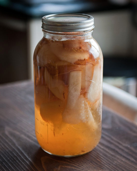 Homemade pear liqueur.