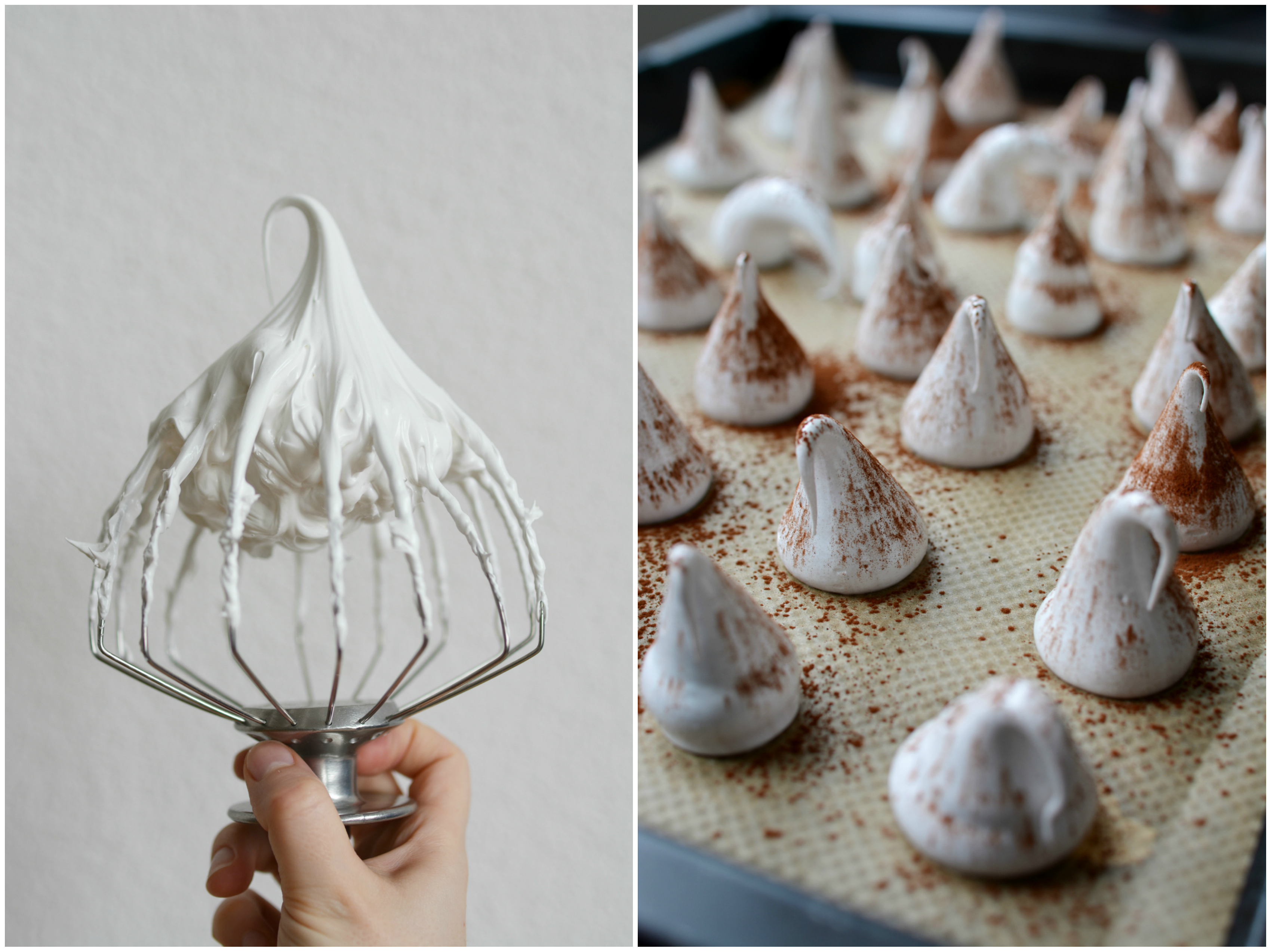 collage of 2 images: left image features a hand holding a balloon whisk attachment with a mixture, and the right image showcases swiss meringue kisses arranged in a baking tray, ready to be baked