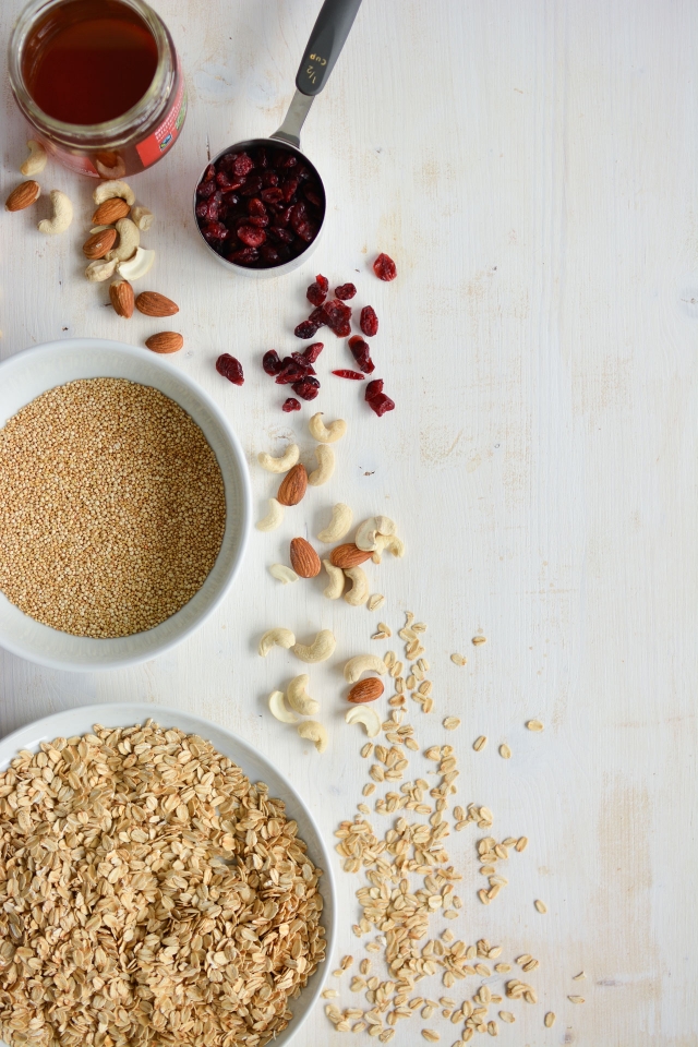 Ingredients for No Bake Popped Quinoa Granola Bars which is 
Rolled Oats, Quinoa, Almonds , Maple Syrup and Cranberries