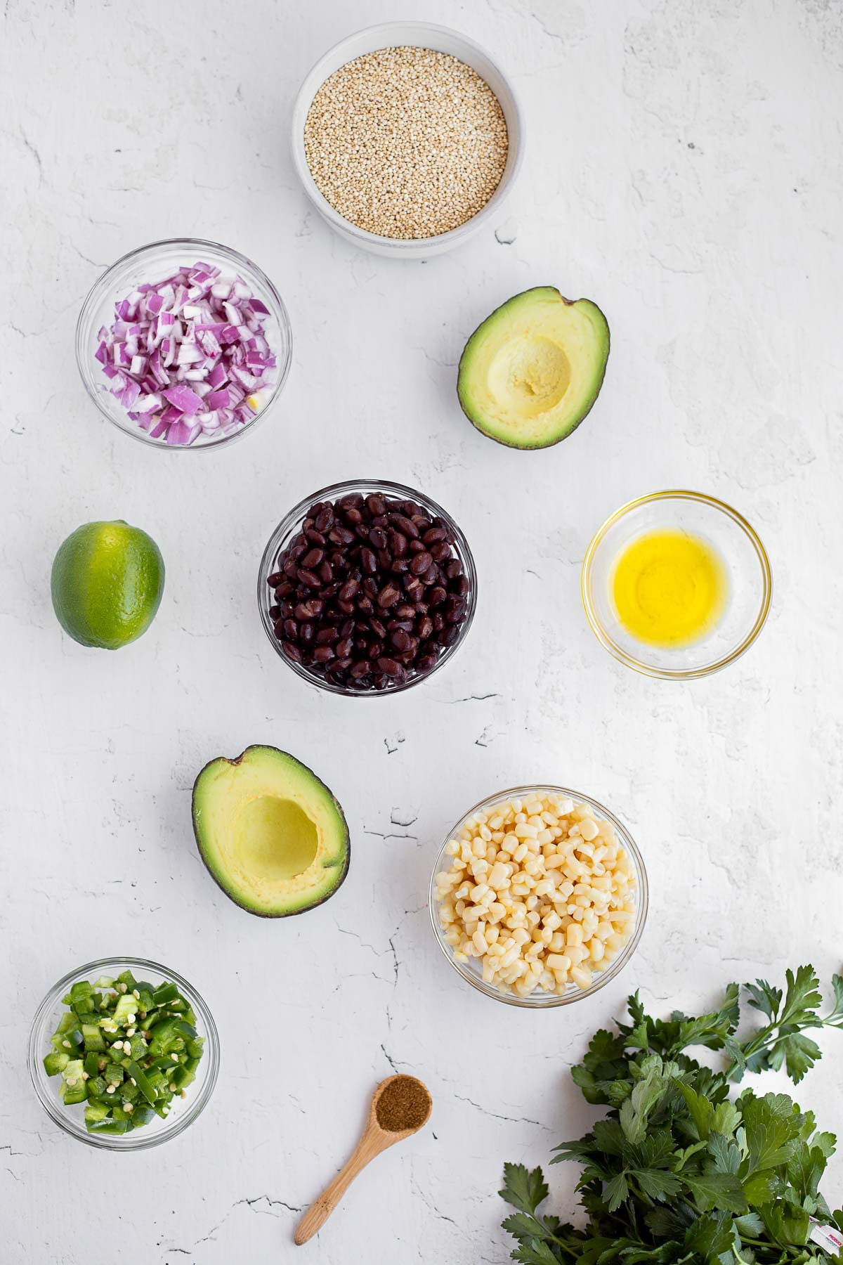 Ingredients for quinoa salad with black beans and corn.