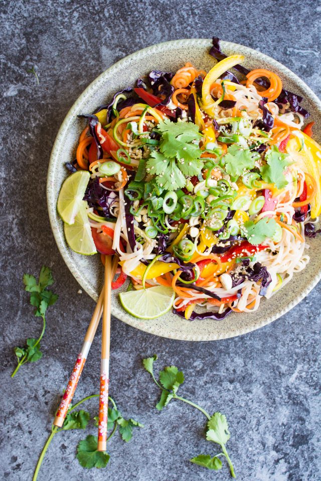 This rainbow noodle salad is absolutely full of great flavours, with rice noodles, zucchini noodles and carrot noodles, tons of crunchy veggies and a zingy sauce, every mouthful is exciting!! Click through to see just how easy this delicious, light salad is to make!