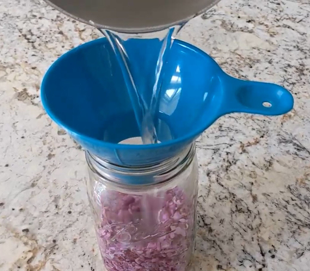 Pouring boiling water over redbud flowers to make tea.