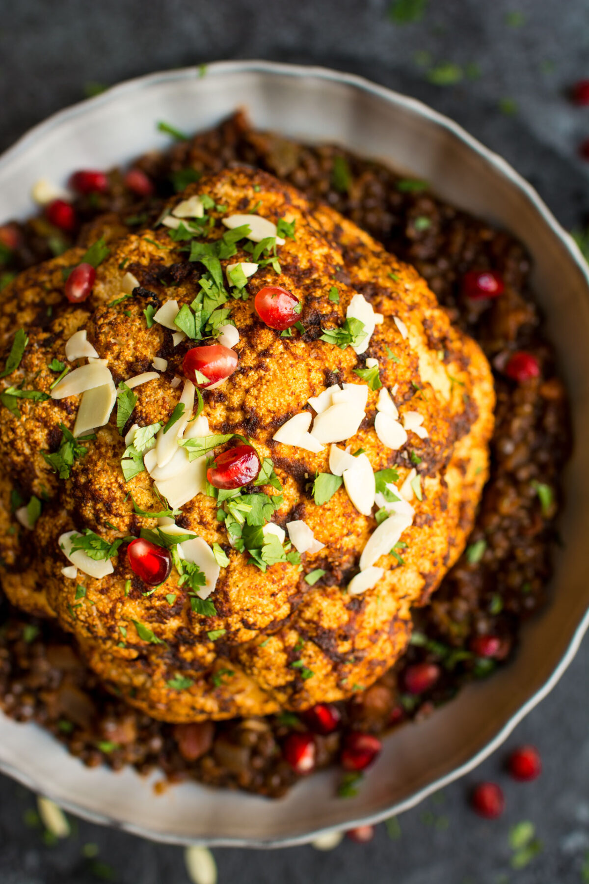 Whole Spiced Roasted Cauliflower with Spicy Lentils, a great vegan Christmas dinner!