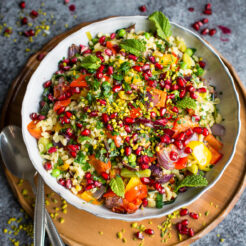 Vegan Roasted Vegetable and Wheat berry Risotto. Super easy and hearty, this combination of sweet vegetables and savory wheat berries is your new favourite Fall dish!