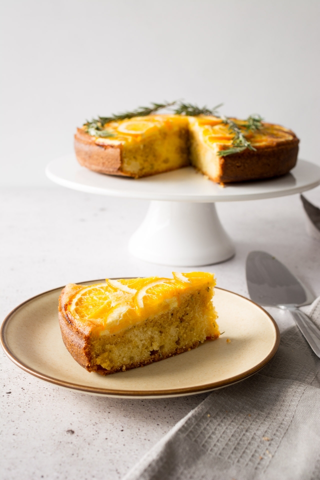 close-up image of a delicious slice of upside-down orange cake