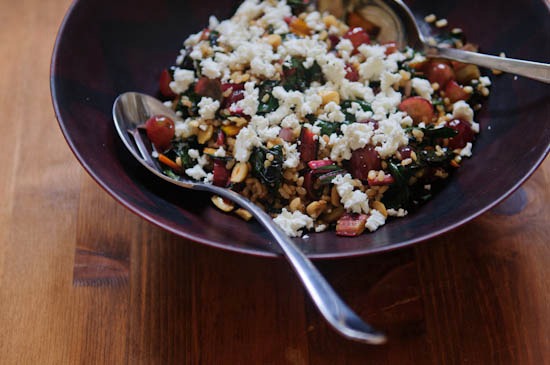 brown rice salad with chard and grapes