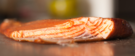 Side view of a piece of hot smoked salmon.