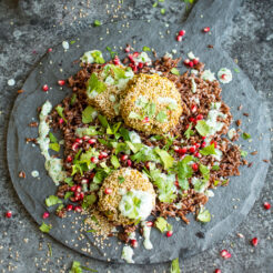 Spiced chickpea and sweet potato fritters with a vegan yoghurt sauce. Fragrant and warm, these indian inspired snacks make a great main or side dish!