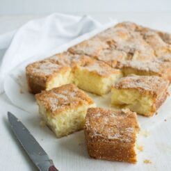 a photo of square-cut slices from a single-layer cinnamon pear cake