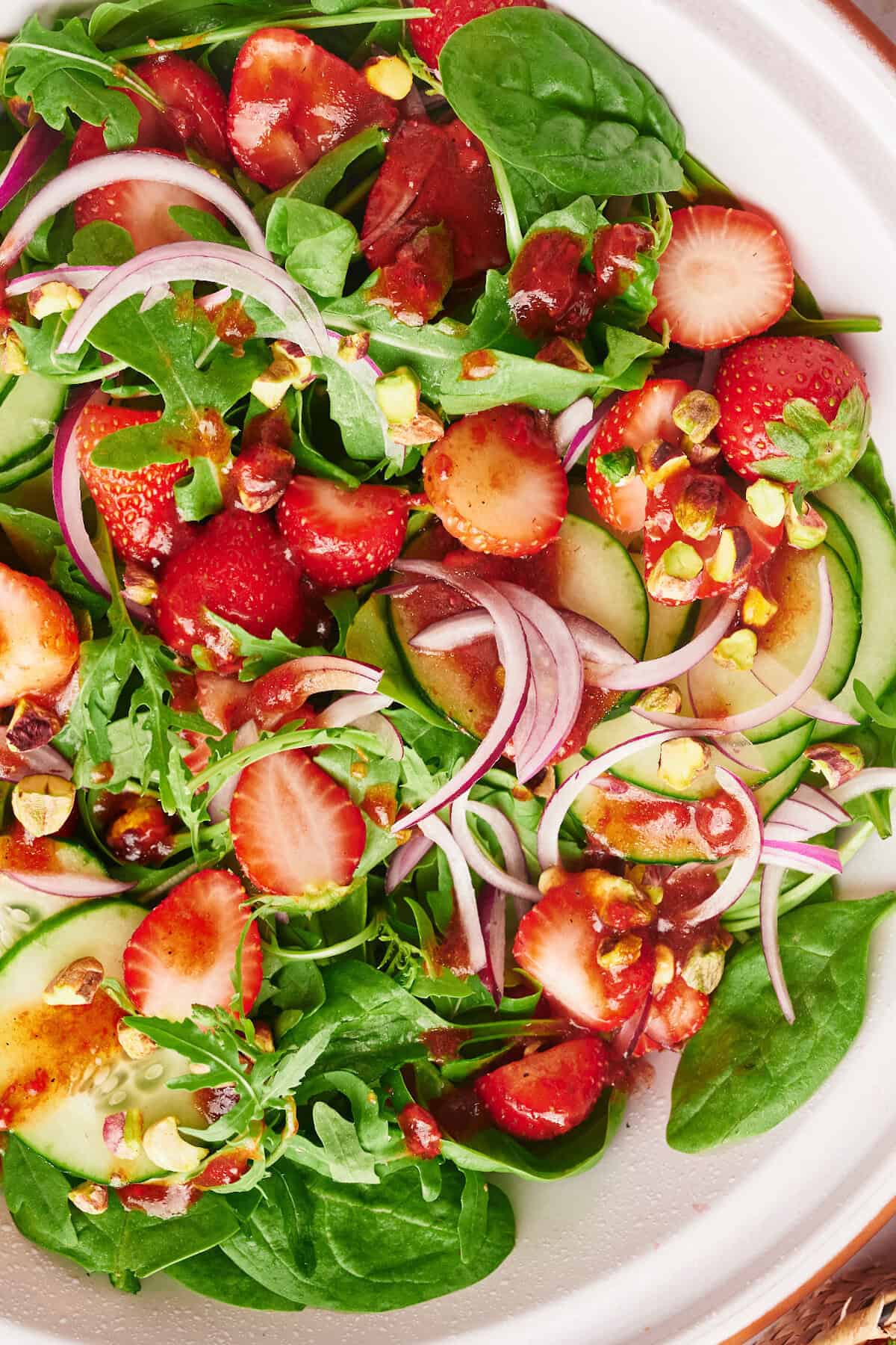 Close-up, vertical view of a Strawberry Summer Salad.