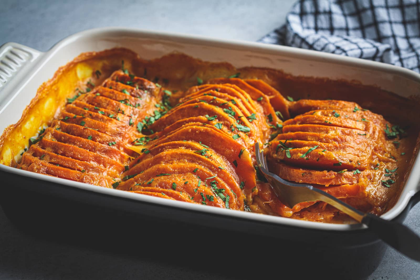 Sweet Potato Gratin in a casserole dish.