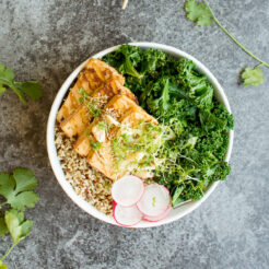 top view image of a teriyaki tofu in a bowl with chopstick