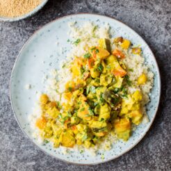 This vegetable curry is packed with earthy flavour from the rich, turmeric coconut sauce and all the wonderful vegetables included. It's a super easy, quick vegan meal to throw together!