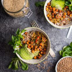 Warm Lentil and Tomato Salad with chilli roasted chickpeas. A delicious vegan meal!