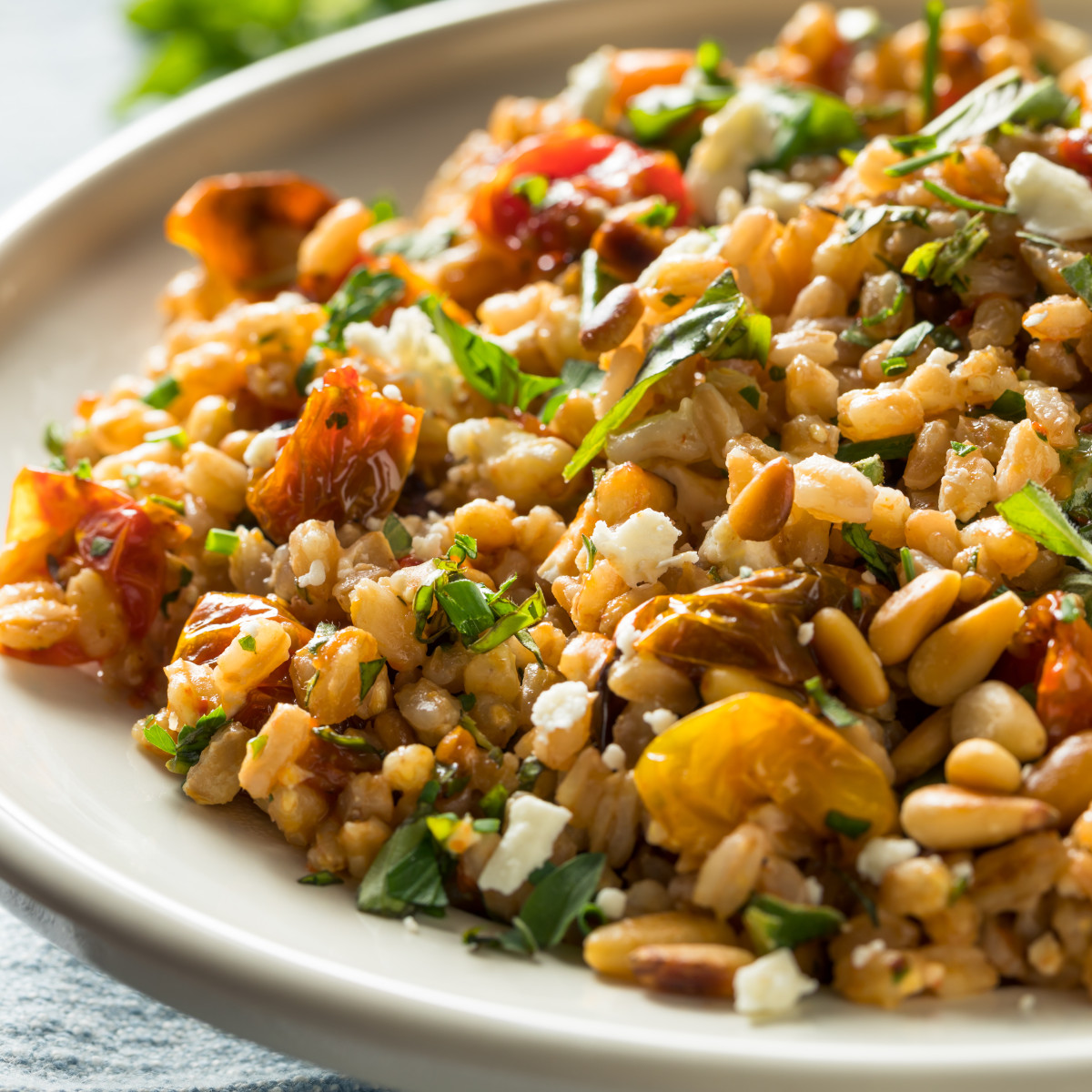 Healthy Whole Grain Farro Tomato Salad with Herbs.