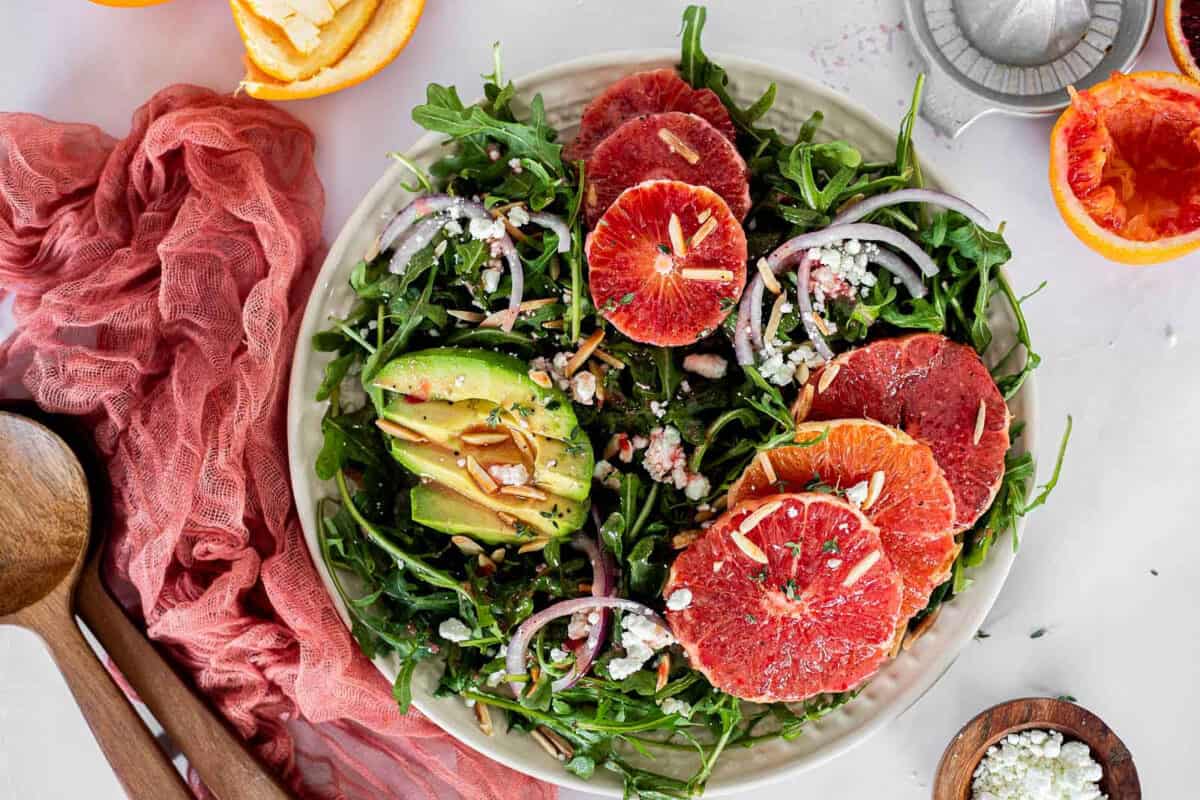 Winter Citrus Salad with blood oranges, cara cara oranges, grapefruit, and avocados.