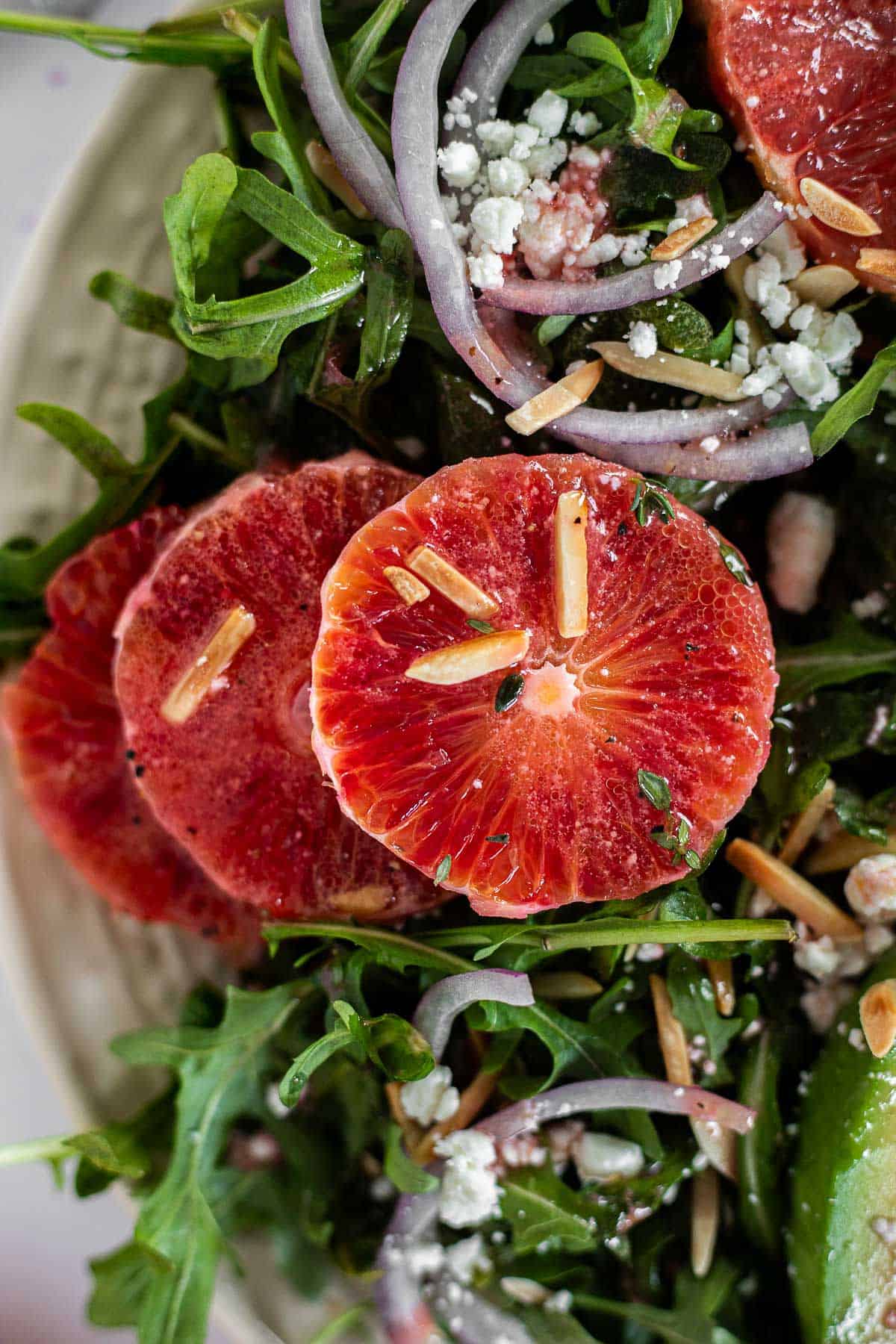 Winter Citrus Salad, close-up view of blood oranges.